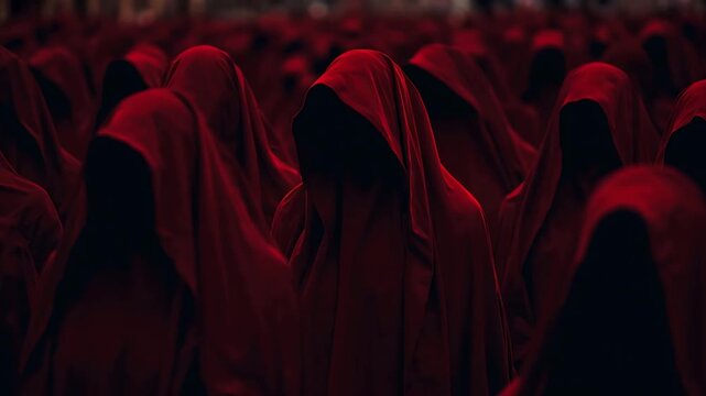Red robes dark figures hooded figures mysterious group ominous gathering anonymous crowd unsettling presence