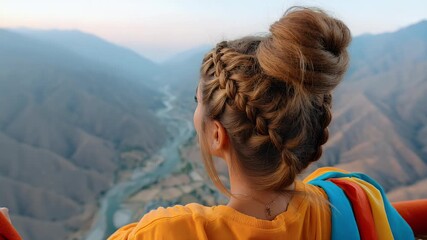 Woman profile view braided hair mountain landscape day