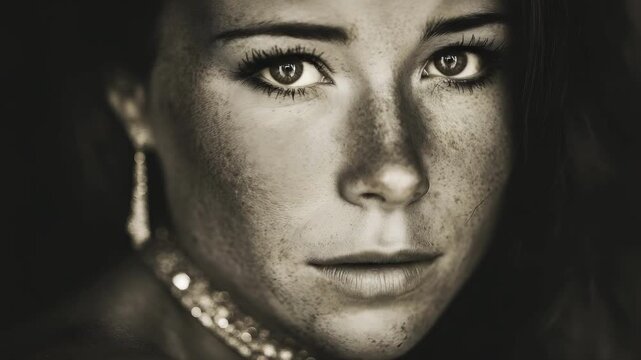 Close-up black-and-white portrait of a freckled woman with intense eyes, wearing a necklace and dangling earrings.