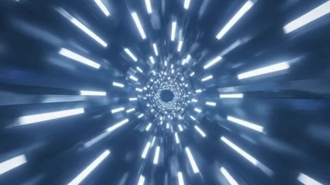 A futuristic tunnel with glowing blue and white geometric patterns creating a deep receding perspective and angular design