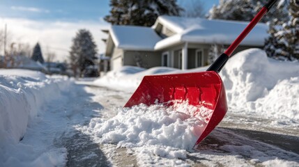 Red snow shovel full of snow on a driveway in winter