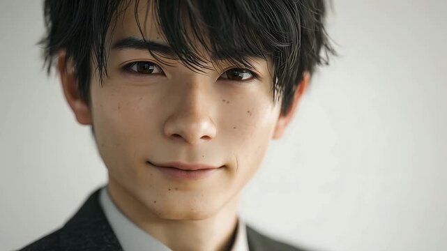 Portrait of a young man smiling asian model with black hair and suit studio shot close up handsome face