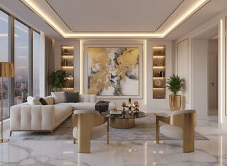 Fototapeta premium Luxurious living room with marble floors, modern furniture, and stunning city views for sophisticated lifestyles and aspirational home decor concepts