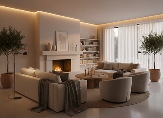 Elegant living room with fireplace and cozy neutral decor, perfect for relaxation and modern living, stylish home interior design inspiration