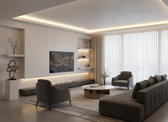 Modern living room with fireplace and grey sofa offers cozy relaxation, perfect for interior design inspiration or sophisticated home decor ideas