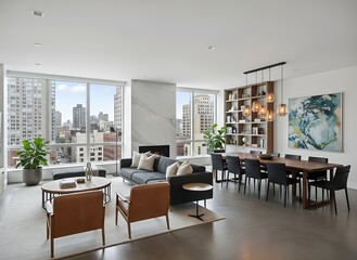 Elegant open concept living in a modern city apartment with stunning views and sleek design, perfect for upscale urban lifestyle inspiration