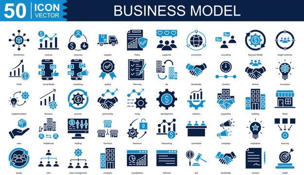 Business Model icon collection set. Containing distribution, revenue, resources, supplies, Policy icon.