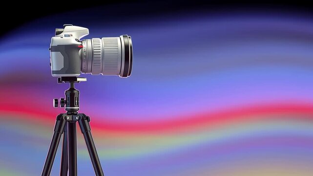 Camera on tripod captures vibrant motion with colorful light trails in the background, showcasing dynamic visual flow, camera pans smoothly from left to right, enhancing scene depth and energy