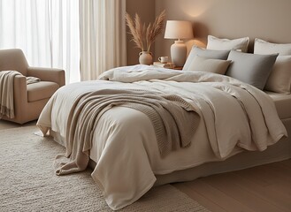 Cozy, serene bedroom sanctuary with plush bedding, warm lighting, and natural textures inviting ultimate relaxation and peaceful slumber