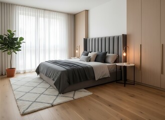 Serene modern bedroom sanctuary featuring plush grey bedding, natural wood accents, and soft natural light creating ultimate relaxation and comfort for peaceful slumber.