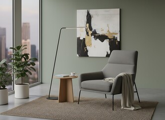 Modern living room sanctuary with abstract art and city view, offering serene relaxation and sophisticated style for discerning buyers.