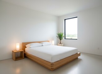 Serene modern bedroom sanctuary featuring a clean wood platform bed and calming natural light perfect for relaxation and sleep.