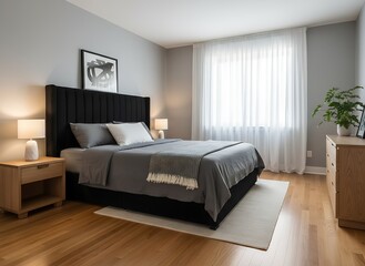 Serene modern bedroom sanctuary with plush black headboard, crisp grey bedding, and abundant natural light creating ultimate relaxation and comfort.