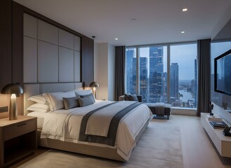 Luxurious modern bedroom suite with stunning city skyline views at dusk, perfect for upscale hotel or residential property marketing.