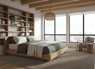 Serene modern bedroom sanctuary with large windows offering city views and integrated wooden bookshelf creating a tranquil escape