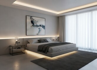 Serene modern bedroom sanctuary featuring plush bedding, ambient lighting, and abstract art, evoking ultimate relaxation and sophisticated living.