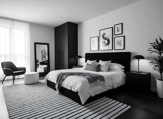 Luxurious modern bedroom sanctuary featuring a plush black tufted headboard and crisp white linens, perfect for upscale interior design inspiration.