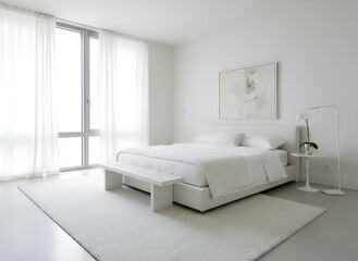 Serene minimalist bedroom sanctuary bathed in natural light, offering ultimate relaxation and modern elegance for peaceful living.