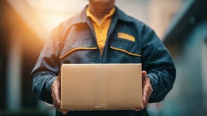 A delivery person hands a package to a waiting customer in a busy, sunny urban area