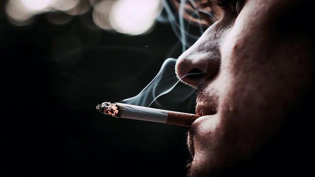 Smoking cigarette man smoke tobacco nicotine addiction unhealthy lifestyle dark background close up shot