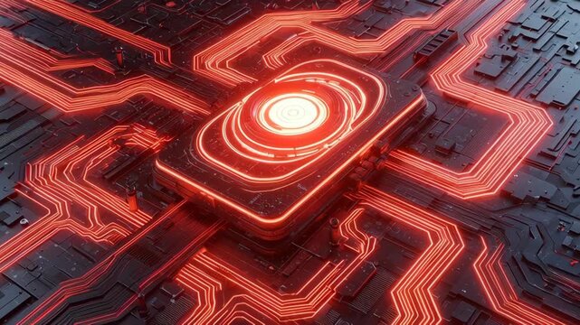 Dynamic technology background with glowing red lines pulsing through a complex motherboard, showcasing modern innovation and futuristic design for cutting-edge applications and digital solutions