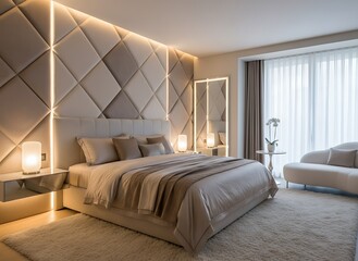 Luxurious modern bedroom sanctuary featuring plush bedding, elegant upholstered headboard with ambient lighting, and serene comfort for ultimate relaxation.