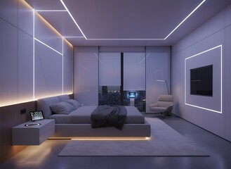Discover ultimate comfort and modern luxury in this smart bedroom sanctuary featuring integrated ambient lighting and city views.