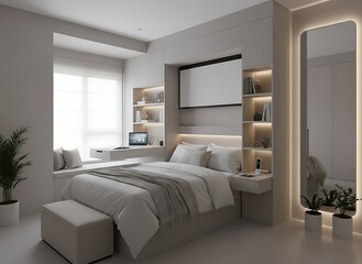 Serene modern bedroom sanctuary featuring a cozy reading nook, integrated desk, and luxurious bedding bathed in soft ambient light.