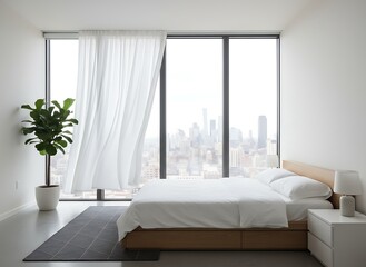Serene modern bedroom sanctuary offering breathtaking city skyline views through expansive windows with flowing white curtains and lush greenery.