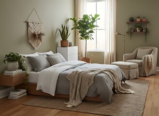 Serene bedroom retreat with plush bedding, natural light streaming through sheer curtains, and calming green walls creates ultimate relaxation.