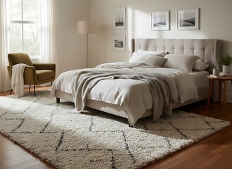Serene modern bedroom oasis bathed in soft natural light, inviting relaxation and peaceful slumber.