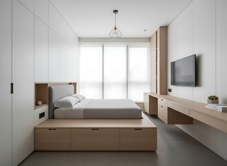 Serene modern bedroom sanctuary features minimalist design, integrated storage, and abundant natural light creating a calm, organized living space.