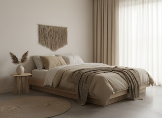 Serene bedroom oasis with natural textures and soft neutral tones creating a tranquil sanctuary for ultimate relaxation and modern comfort.