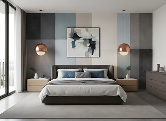 Serene modern bedroom sanctuary featuring a plush king-size bed, abstract art, and elegant copper pendant lights, perfect for creating a luxurious retreat.