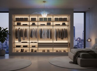 Luxurious modern walk in closet with organized clothing, shoes and city skyline view at twilight, offering sophisticated storage and elegant design