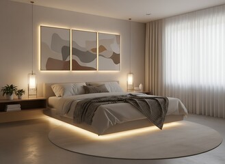 Serene modern bedroom sanctuary bathed in warm ambient light, showcasing abstract art and plush bedding for ultimate relaxation and comfort.