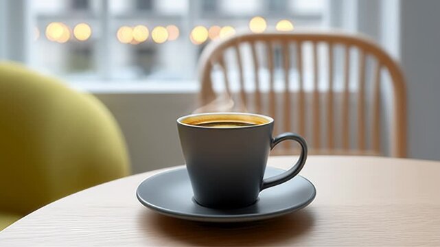 Coffee cup with steam on wooden table, showcasing cozy cafe atmosphere, camera performs a subtle zoom in, highlighting the warm beverage and inviting surroundings, creating a sense of comfort and rela