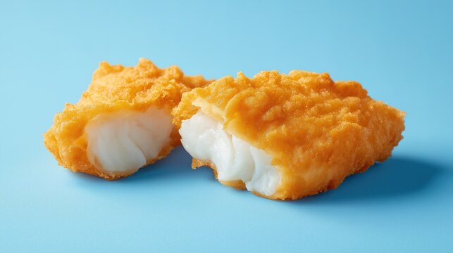 hyper real 3/4 angle shot of a golden battered fish fillet broken into two pieces shpoing the beautiful white fish fillet inside shot on a blue background with sharp shadows