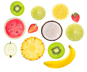 top view photograph of a diverse arrangement of fresh, colorful tropical and garden fruit slices isolated on a clean, solid transparent background.