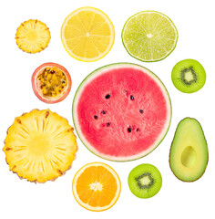 overhead photograph showing a symmetrical circular arrangement of various colorful fresh fruit slices isolated against a high-contrast transparent background.