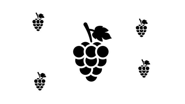 Zoom in and out animation the grapes symbol. Large black symbol in the center and four small symbols around. Seamless looped 4k animation on white background
