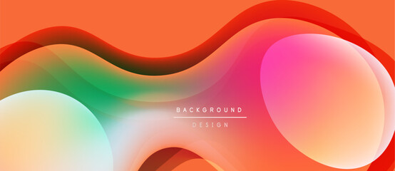 Abstract fluid shapes, vibrant colors blend. Orange, pink, green gradients create dynamic background design. Smooth curves suggest movement.