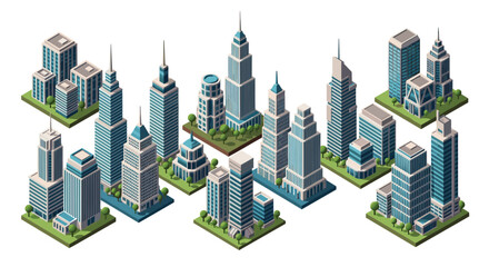 A diverse collection of isometric 3D city buildings and modern skyscrapers, featuring green spaces and detailed architecture.