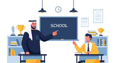 A dedicated teacher in traditional Arab clothing guides a student during a lesson in a brightly lit classroom with bookshelves and awards.