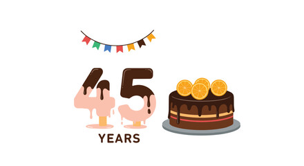 Cute 45 years anniversary or birthday celebration illustration featuring melting ice cream numbers, colorful party bunting, and a chocolate orange cake.