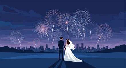 A newlywed couple watches a spectacular fireworks display over a city skyline at night, celebrating their wedding and new beginnings.