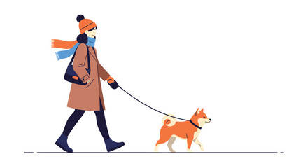 A cheerful woman wearing a warm brown coat, orange hat, and blue scarf takes her happy Shiba Inu dog for a pleasant walk on a cold day.