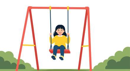 A happy little girl with dark hair smiles joyfully while playing on a red swing set in a sunny park setting.