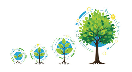 Stages of tree growth from seedling to mature tree, representing development, sustainability, and the evolution of nature and technology.