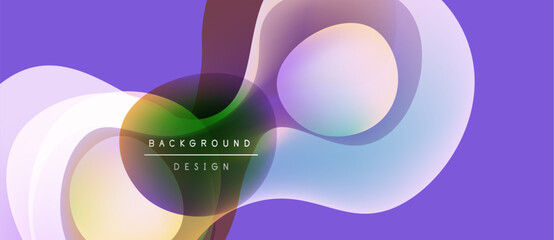 Abstract fluid shapes, vibrant colors, purple backdrop. Modern design elements create dynamic visual flow. Smooth gradients, soft textures.